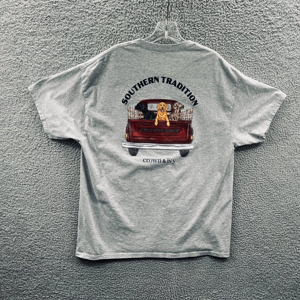Crown Ivy‎ Mens Tee Shirt Large Gray Southern Tradition Dog Truck Graphic Casual